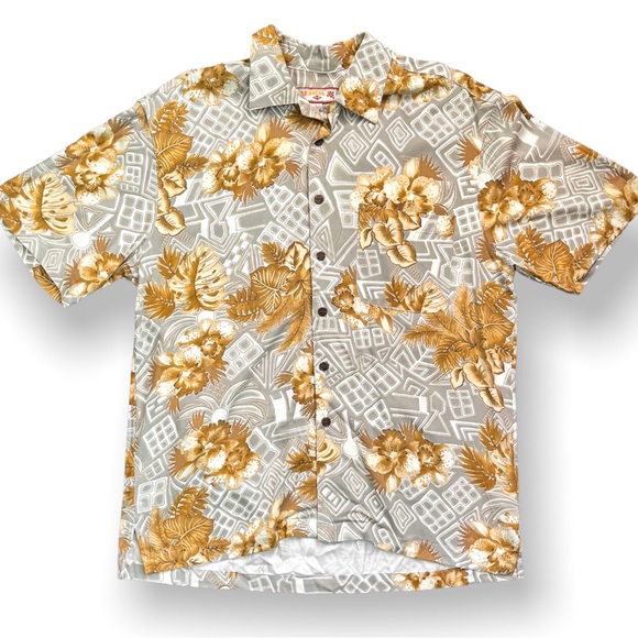 Large Caribbean Joe Gold Flower Hawaiian Button-Up Shirt - Picture 1 of 4
